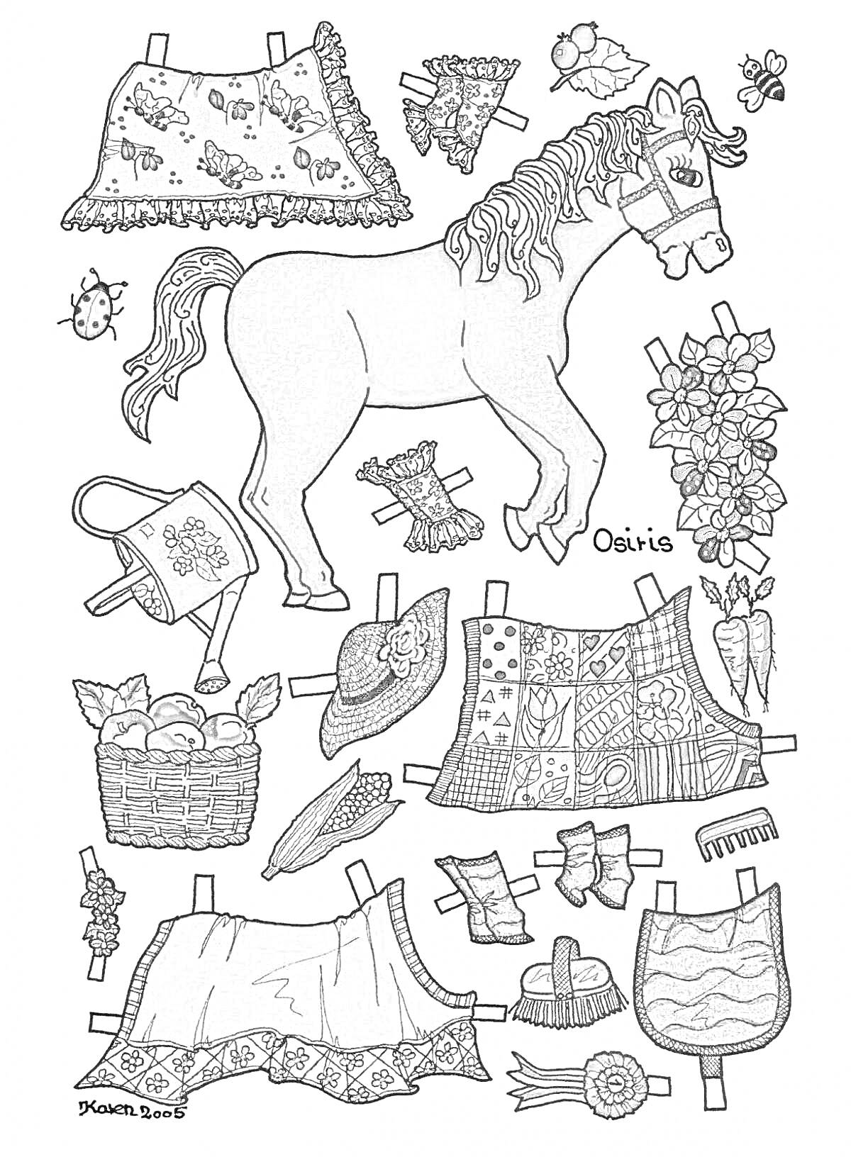 Раскраска Розовая лошадь с золотистой гривой и хвостом в очках, с одеждой и аксессуарами — разноцветное одеяло, синяя шляпа с бантом, зеленое одеяло с цветами, красная сумка с цветами, корзина фруктов, морковь, зеленая рукавичка, синяя накидка, синий шарф с узорами