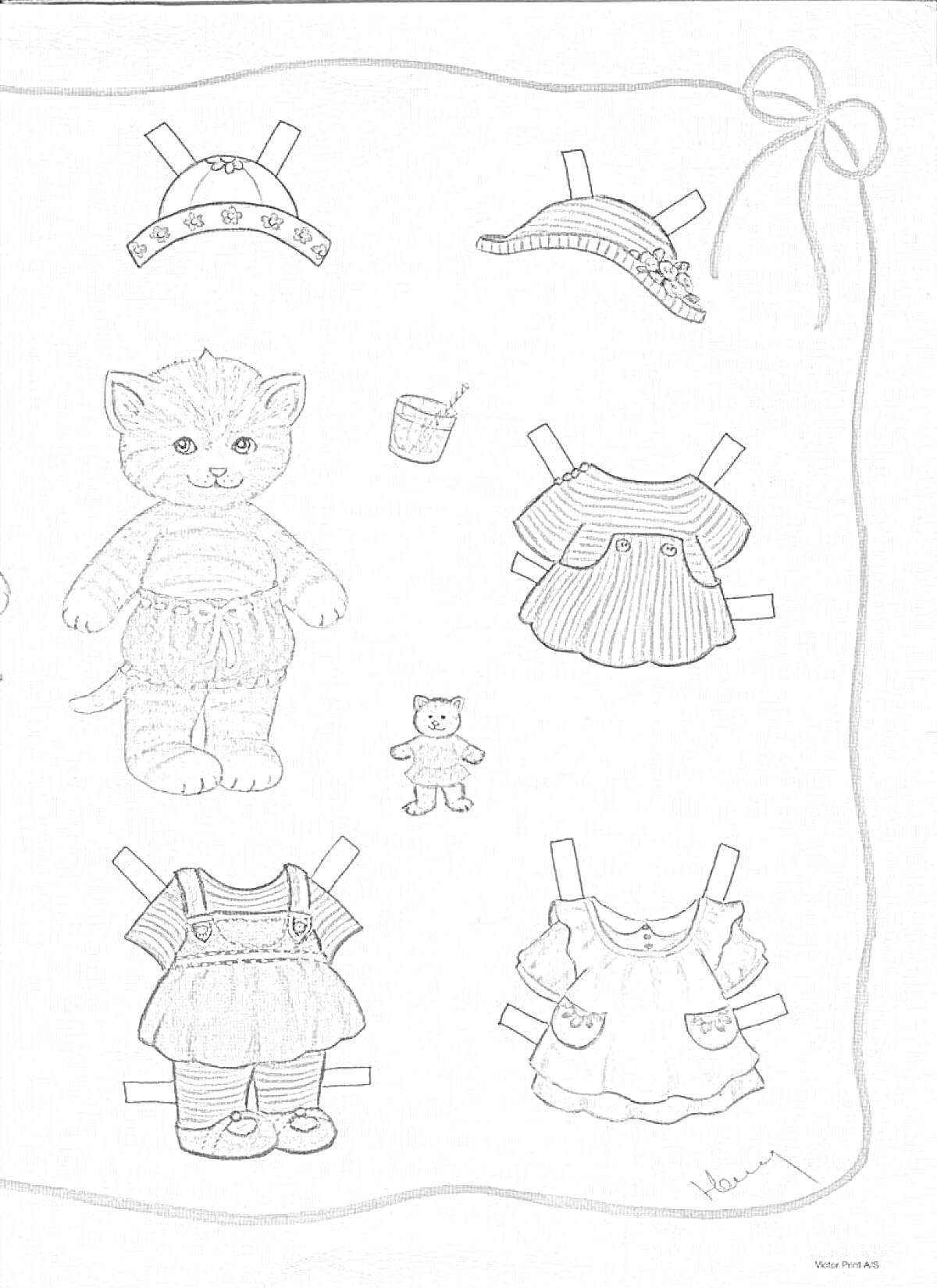 На раскраске изображено: Кот, Одежда, Шапка, Платье, Костюм, Игрушка, Бумажная кукла