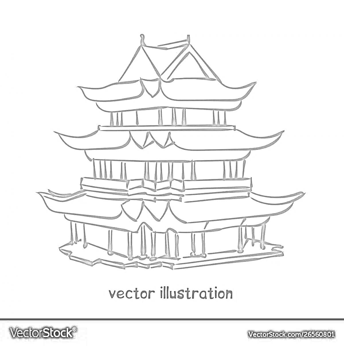 Раскраска Китайский храм с многоярусной крышей и колоннами