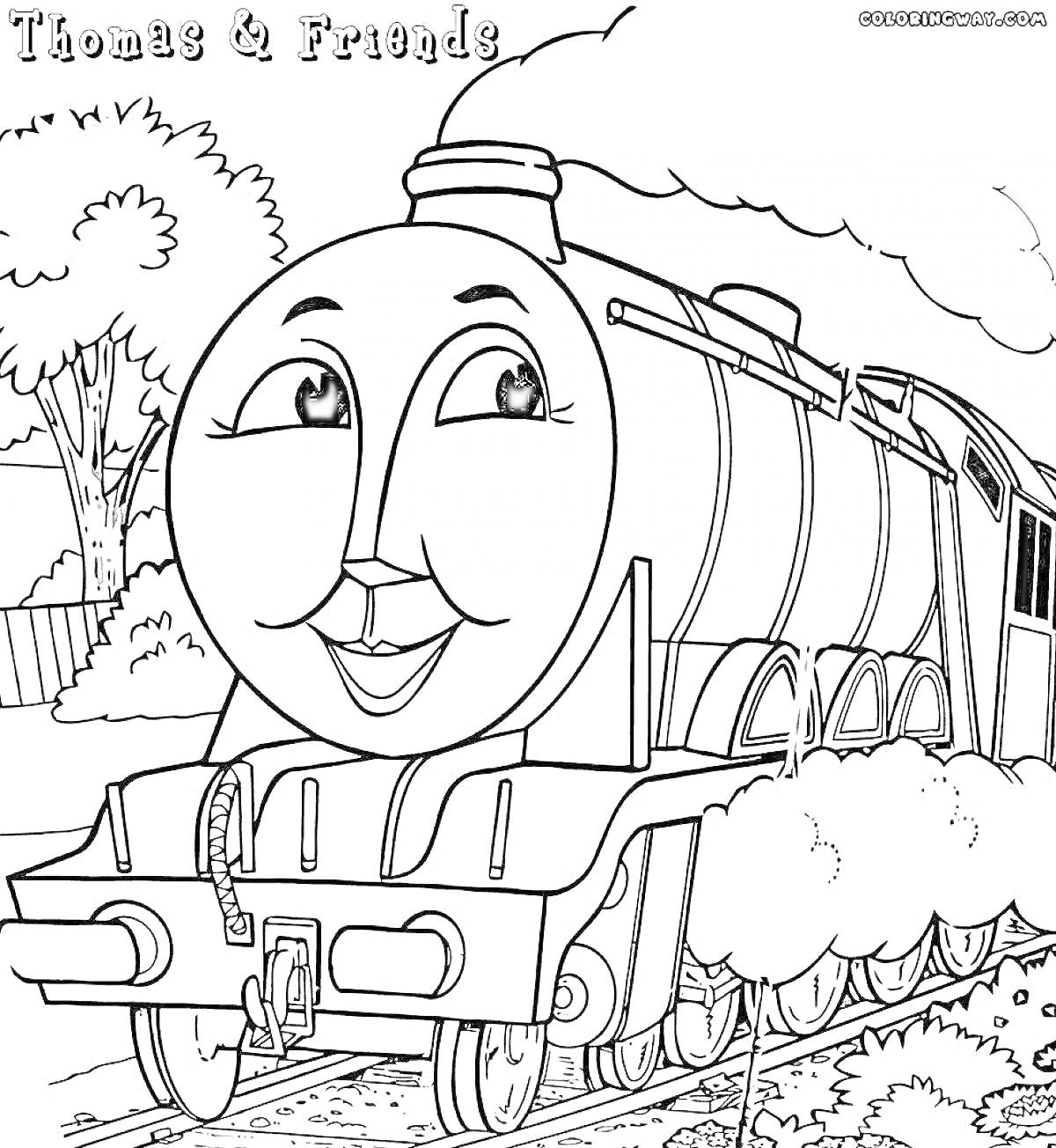 На раскраске изображено: Томас и его друзья, Поезд, Из мультфильмов, Железная дорога, Деревья, Кусты