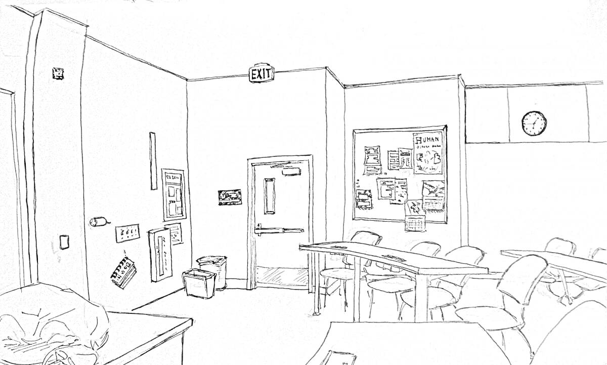 На раскраске изображено: Классная комната, Парты, Часы, Дверь, Мусорное ведро