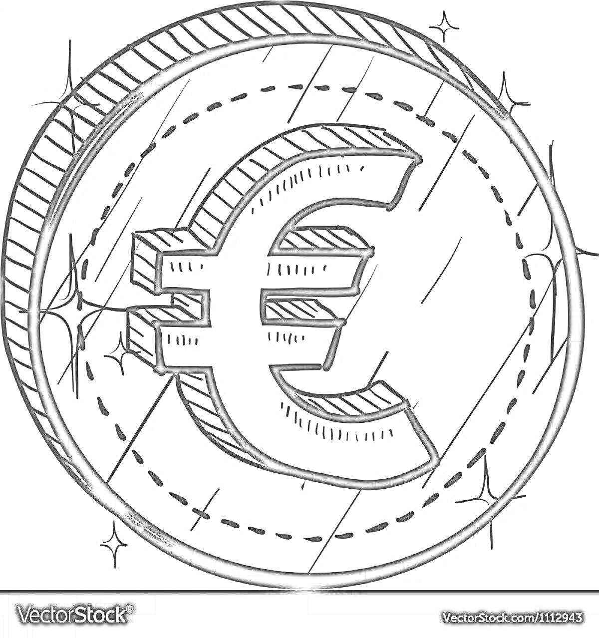 Большая монета с символом евро, звездочки и линии на фоне