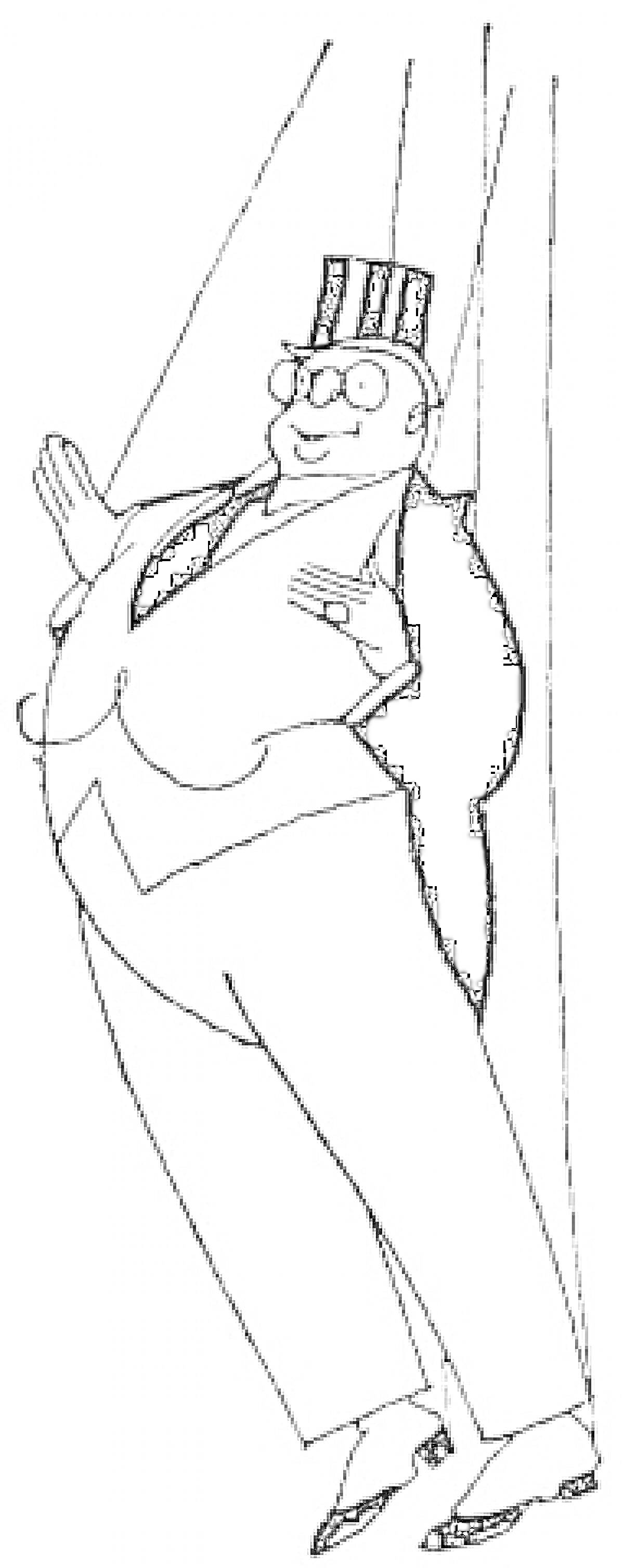Раскраска Марионетка в цилиндре, с очками и в костюме с бабочкой