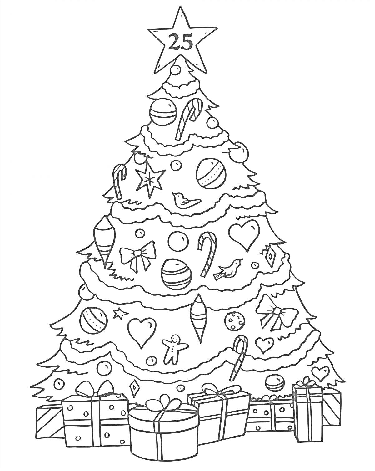 Раскраска Елка новогодняя с верхушкой-звездой, украшенная шарами, конфетами, сердцами, подарками, с птицей и ангелом на ветках