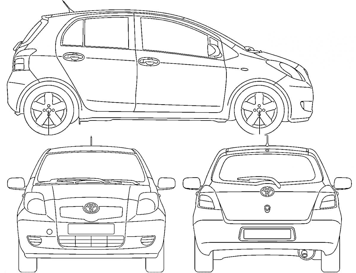 Раскраска Схематичное изображение автомобиля Toyota Prius с боковым, передним и задним обзором