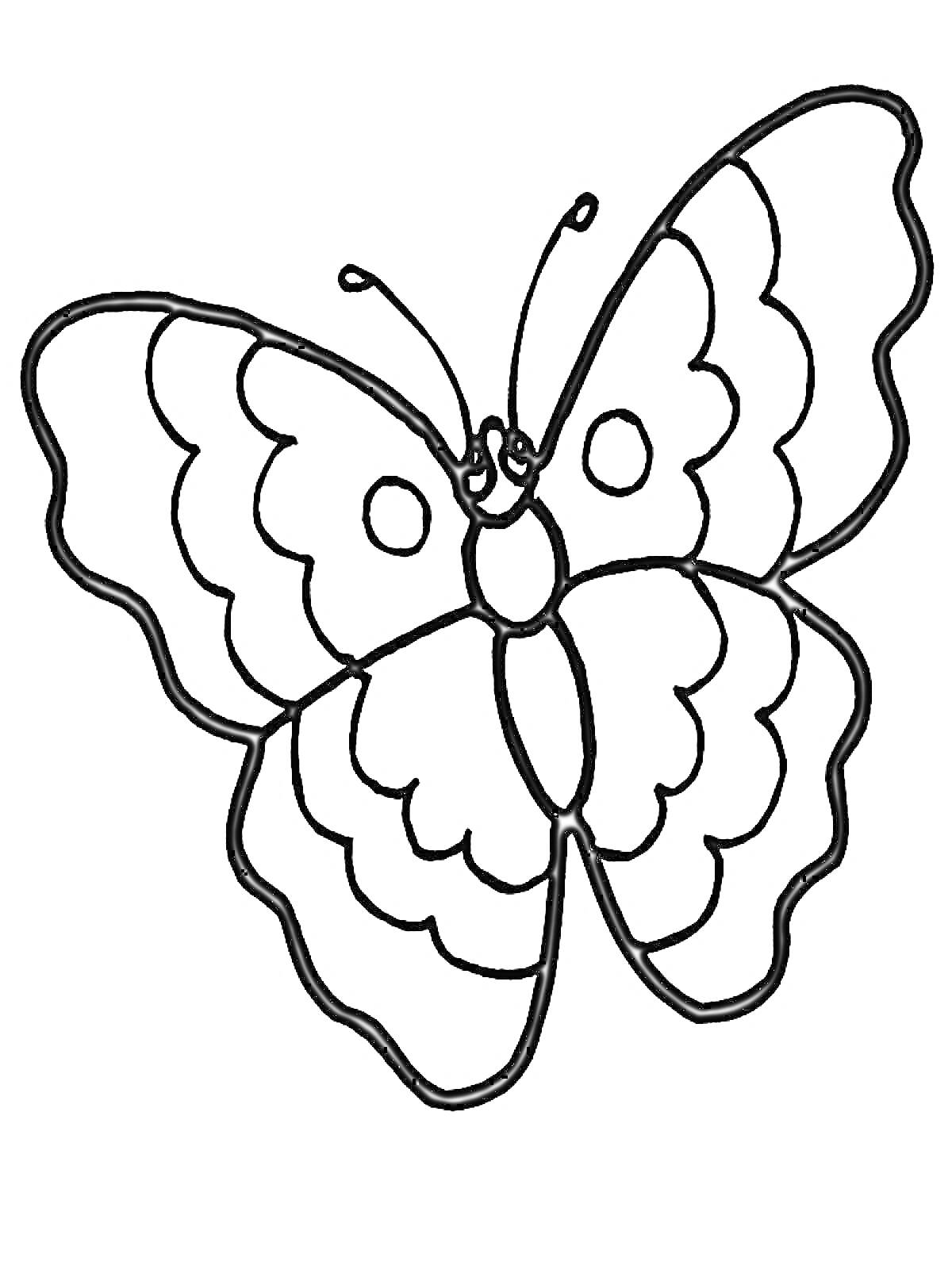 На раскраске изображено: Бабочка, Крылья, Узоры, Антенны, Контурные рисунки