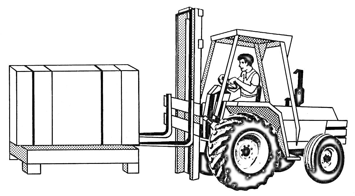 Раскраска Погрузчик с водителем, поднимающий паллет с грузом