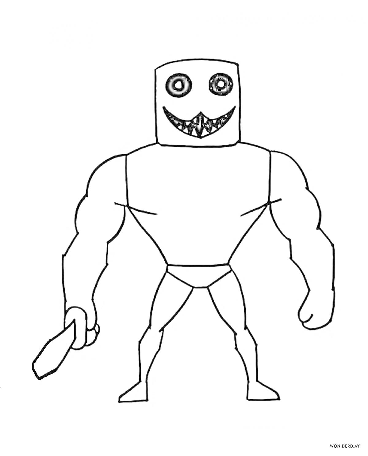 Раскраска Человек с прямоугольной головой, без волос, с большими глазами и широкой улыбкой с зубами, держит меч, мускулистое тело, одет в трусы