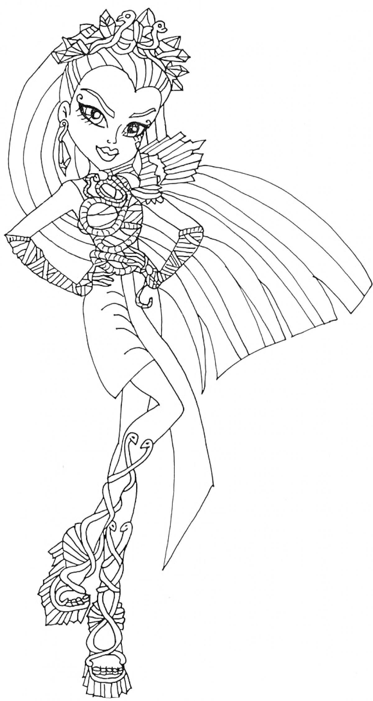 Раскраска Монстр Хай Бу Йорк персонаж в платье с украшениями и сандалиями на шнуровке
