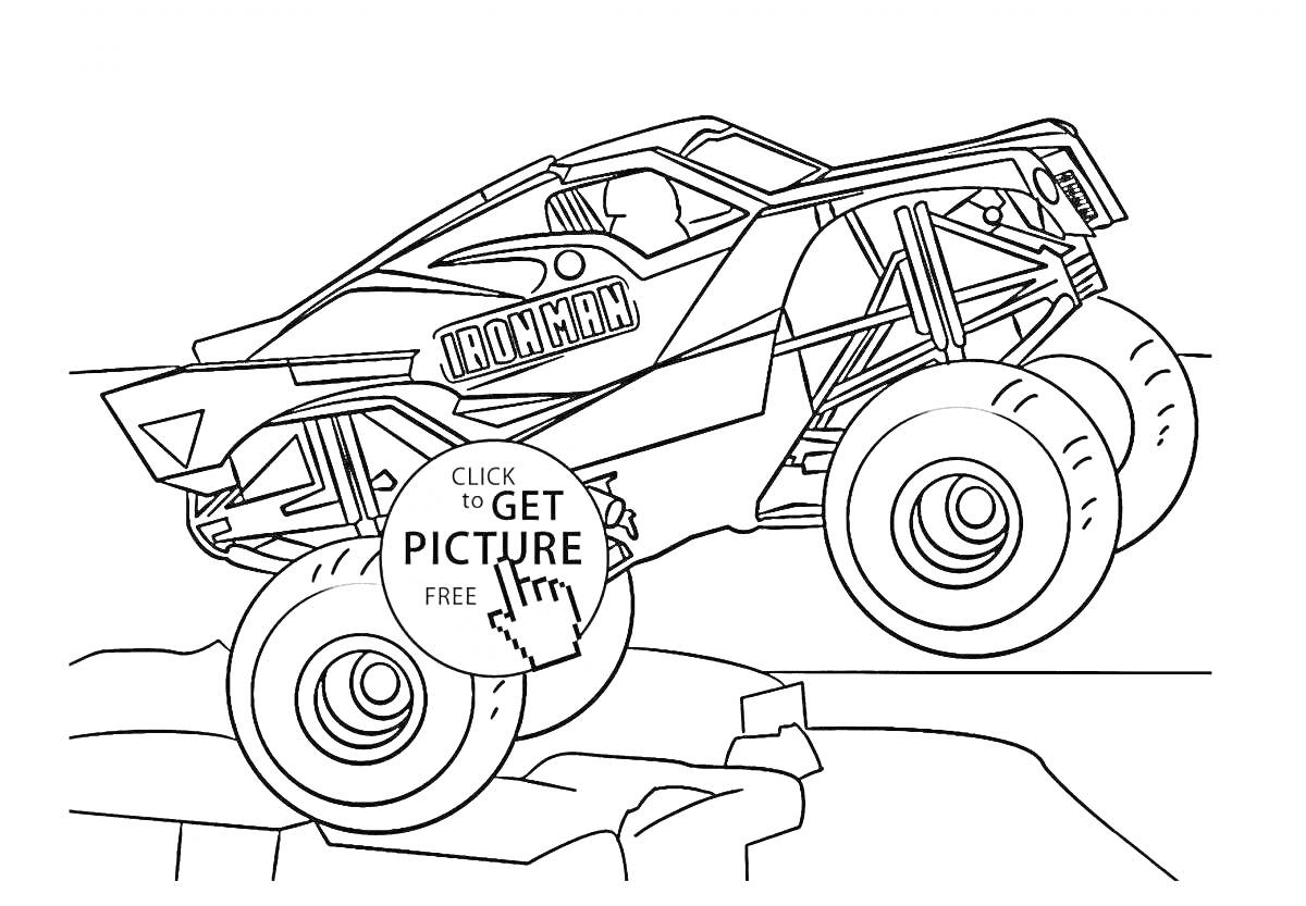 На раскраске изображено: Грузовик-монстр, Iron Man, Гонки, Внедорожник, Скачок