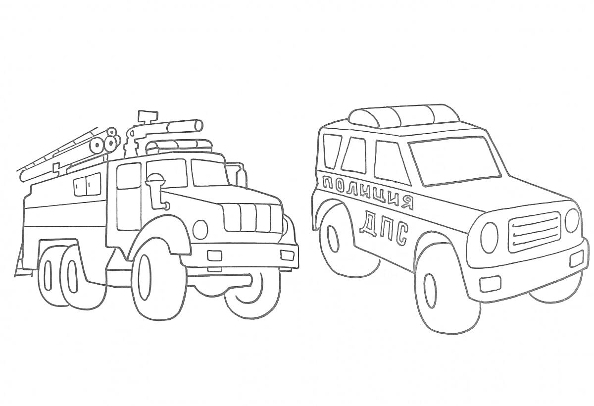 На раскраске изображено: Транспорт, Пожарная машина, Полицейская машина, Джип, Машины