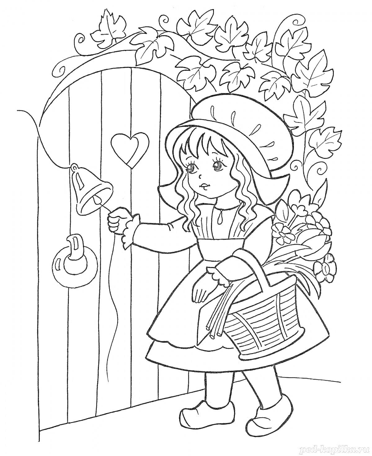 На раскраске изображено: Девочка, Дверь, Колокольчик, Цветы, Листья, Лоза