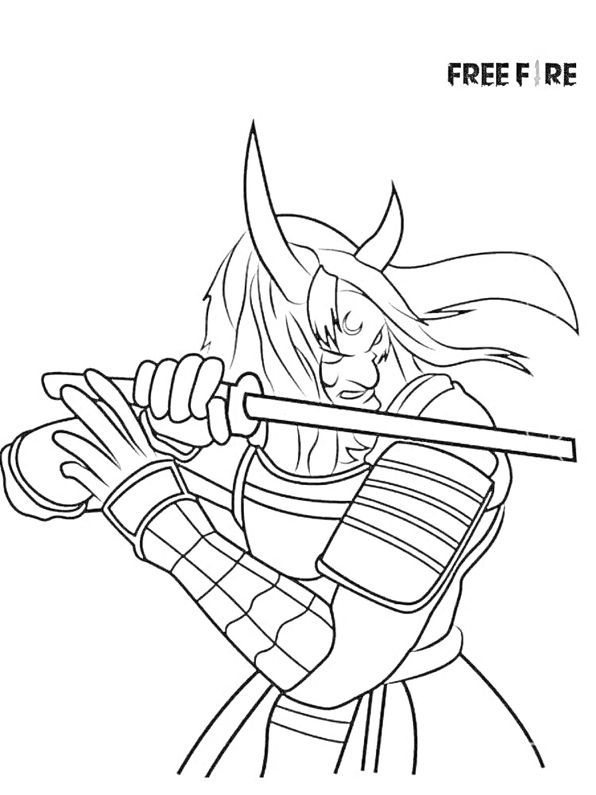 Раскраска Герой в маске с рогами, держащий меч в руках
