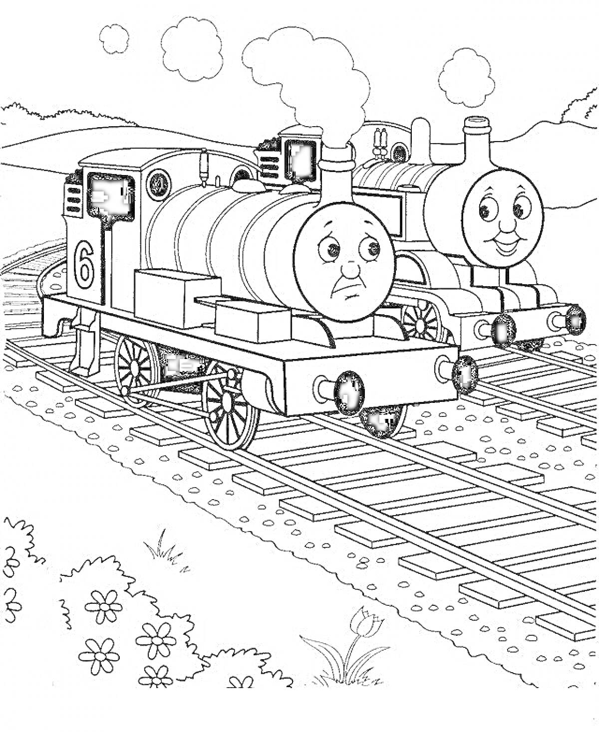 На раскраске изображено: Томас и его друзья, Железная дорога, Пар, Природа