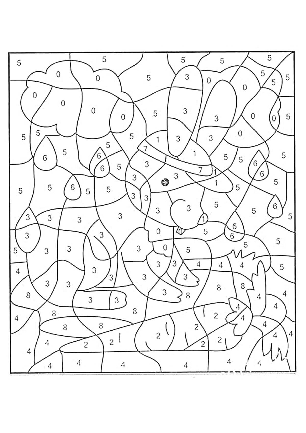 Раскраска Заяц с морковкой на фоне облаков