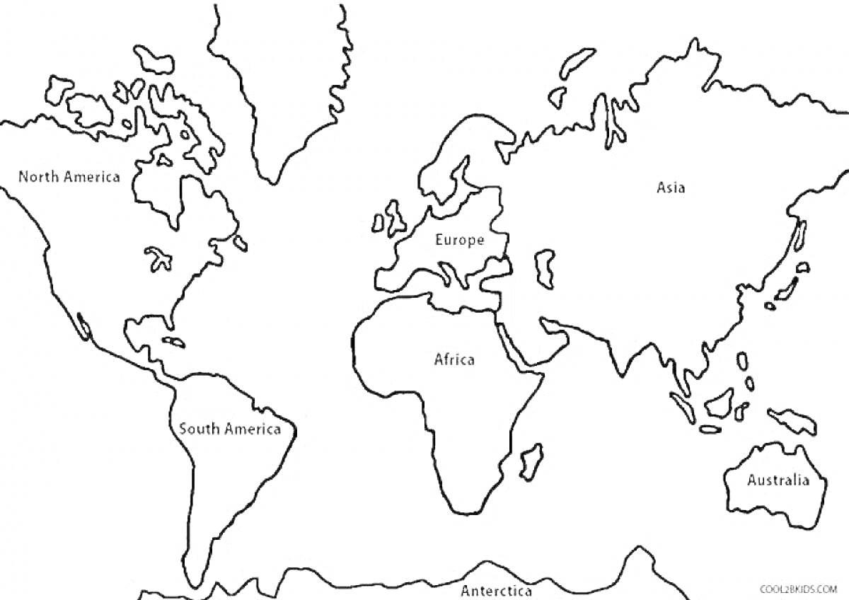 На раскраске изображено: Контурная карта, Карта мира, Континенты, Северная Америка, Южная Америка, Европа, Африка, Азия, Австралия, Антарктида