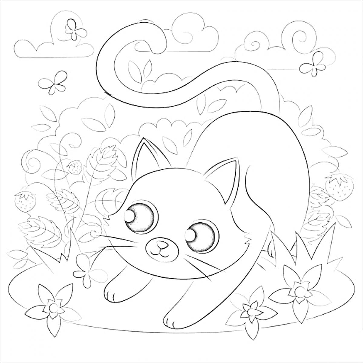 Раскраска Котёнок играет в цветочном саду с бабочками и облаками