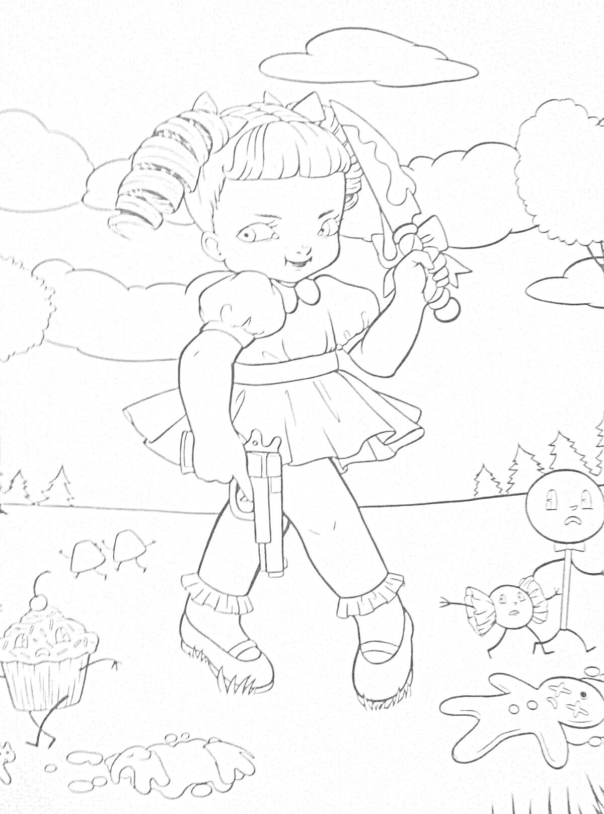 На раскраске изображено: Девочка, Пирожное, Природа, Деревья, Облака, Трава