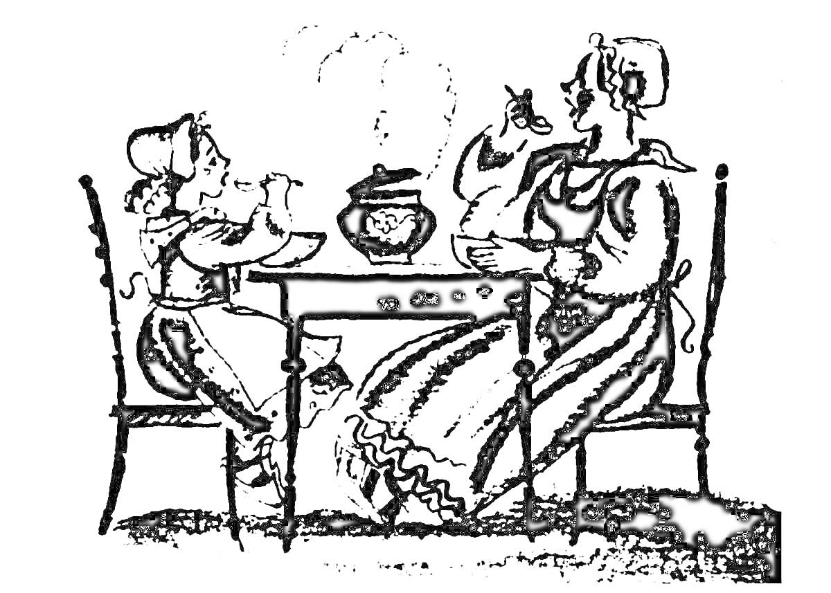 На раскраске изображено: Каша, Стол, Две женщины, Еда, Дым, Посуда, Одежда, Головные уборы, Горшки