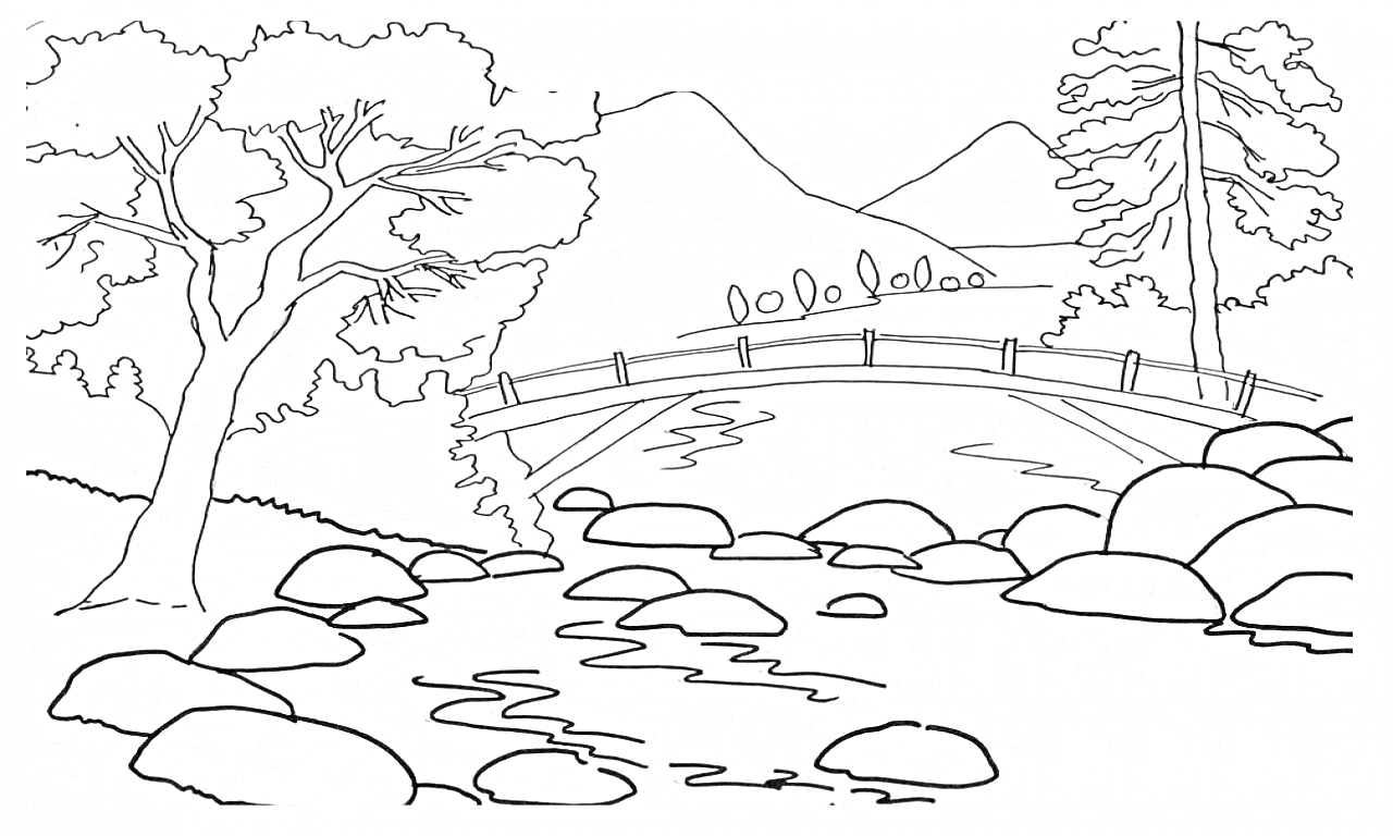 Раскраска Летний пейзаж с рекой и мостом, деревья, камни, горы на заднем плане