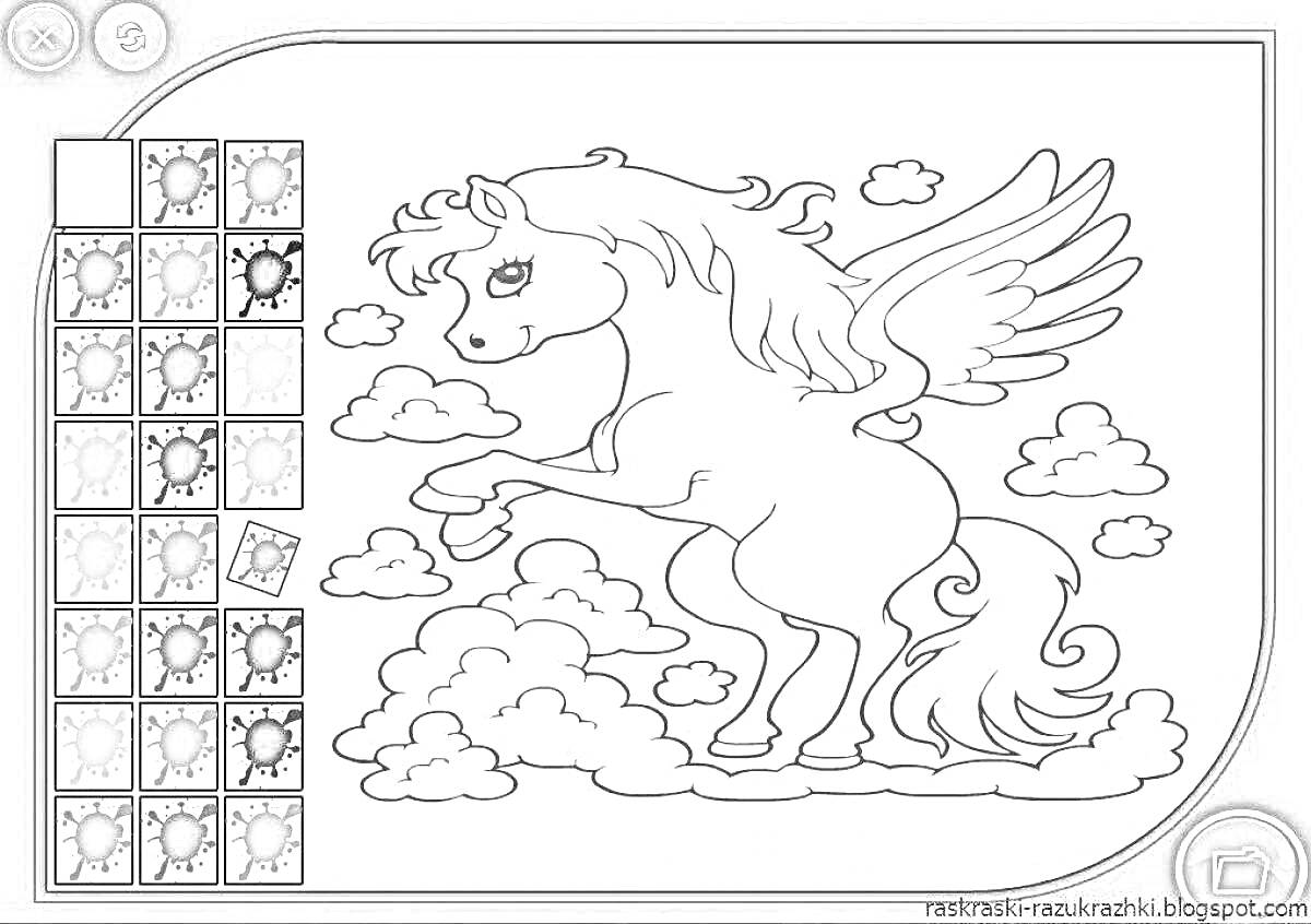 На раскраске изображено: Пегас, Облака, Крылья, Лошадь, 6 лет, 7 лет, Для детей