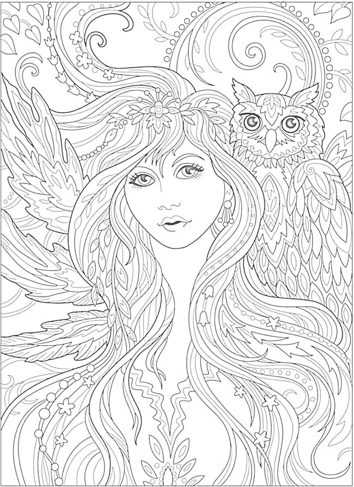 Раскраска Девушка с крыльями и совой среди узоров