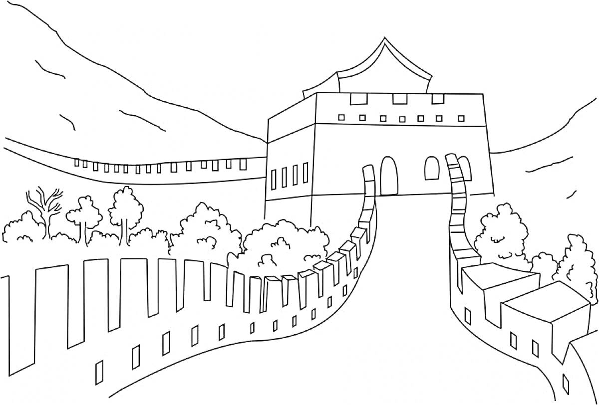 Раскраска Великая стена Китая с башней, деревьями и горами