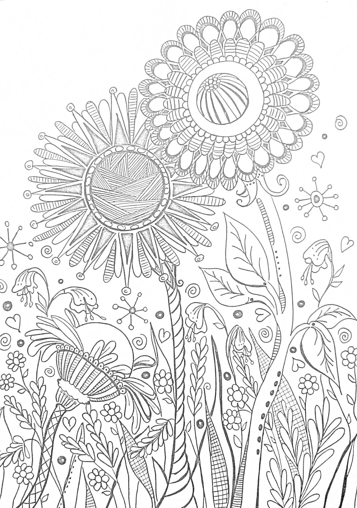 Раскраска два больших цветка с множеством мелких деталей, высокие стебли, листья, мелкие цветы на заднем фоне, насекомые и абстрактные элементы