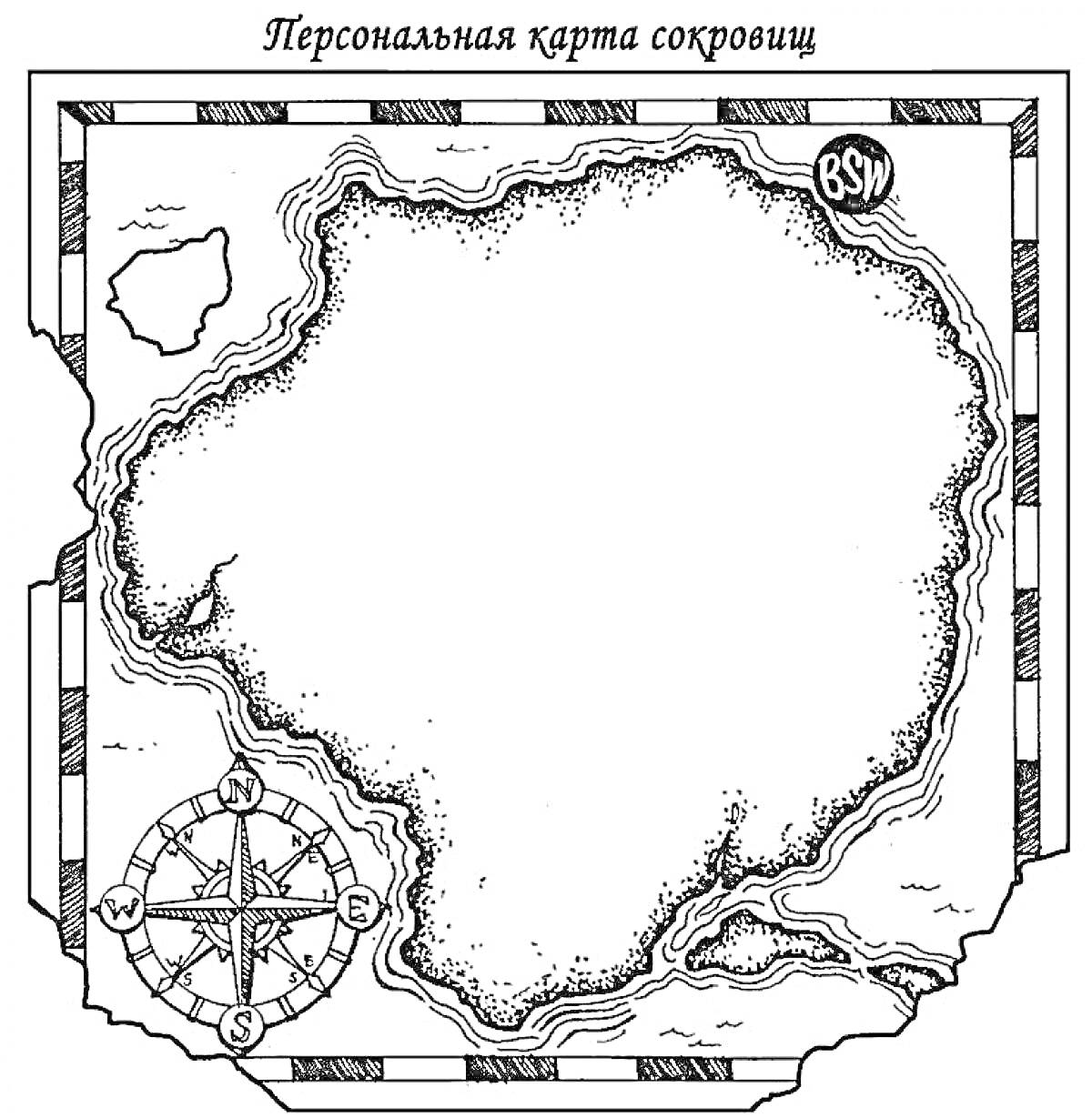 Раскраска Карта Сокровищ с островом, компасом и волнами