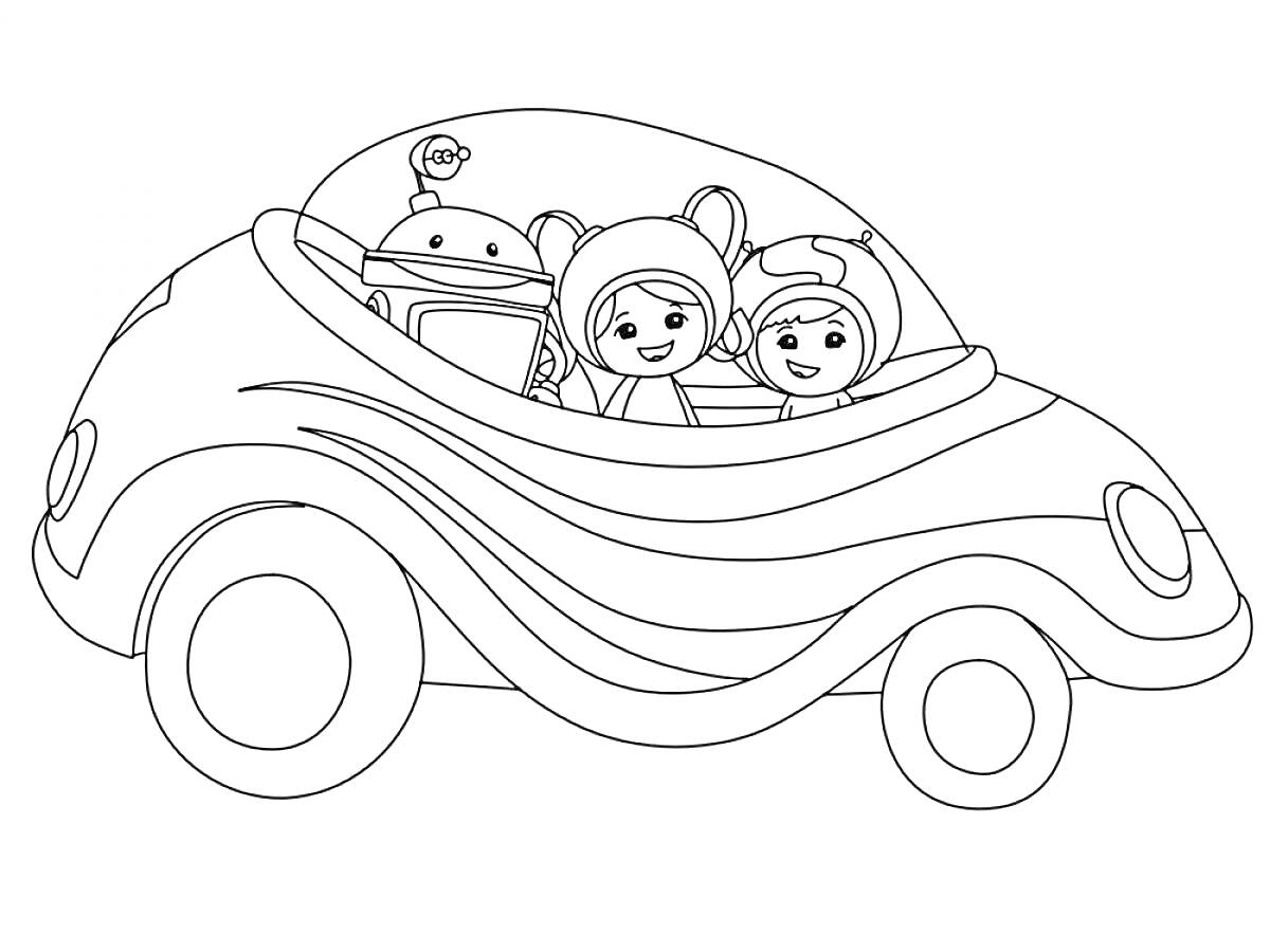 Раскраска В машине сидят трое персонажей из Умизуми, в том числе робот, мальчик и девочка в шляпах.