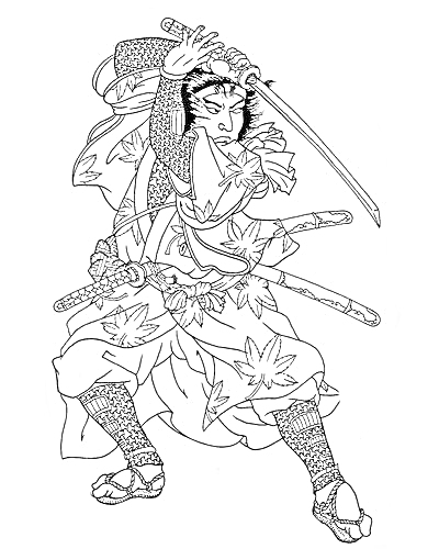 Самурай в традиционной одежде с мечом и двумя катанами, украшен кленовыми листьями