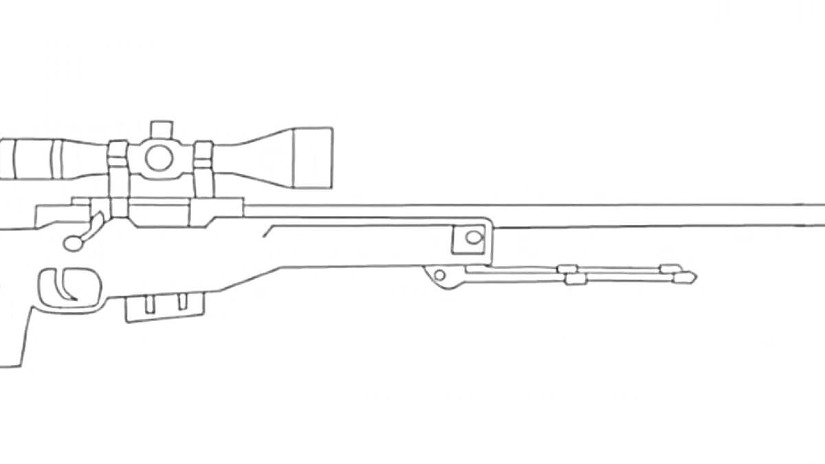 На раскраске изображено: Снайперская винтовка, Прицел, Сошки, Оружие