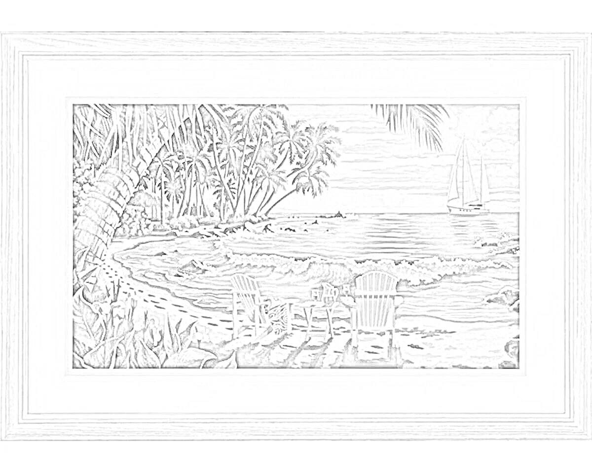 Раскраска Пляж с двумя шезлонгами, пальмами и парусником на закате