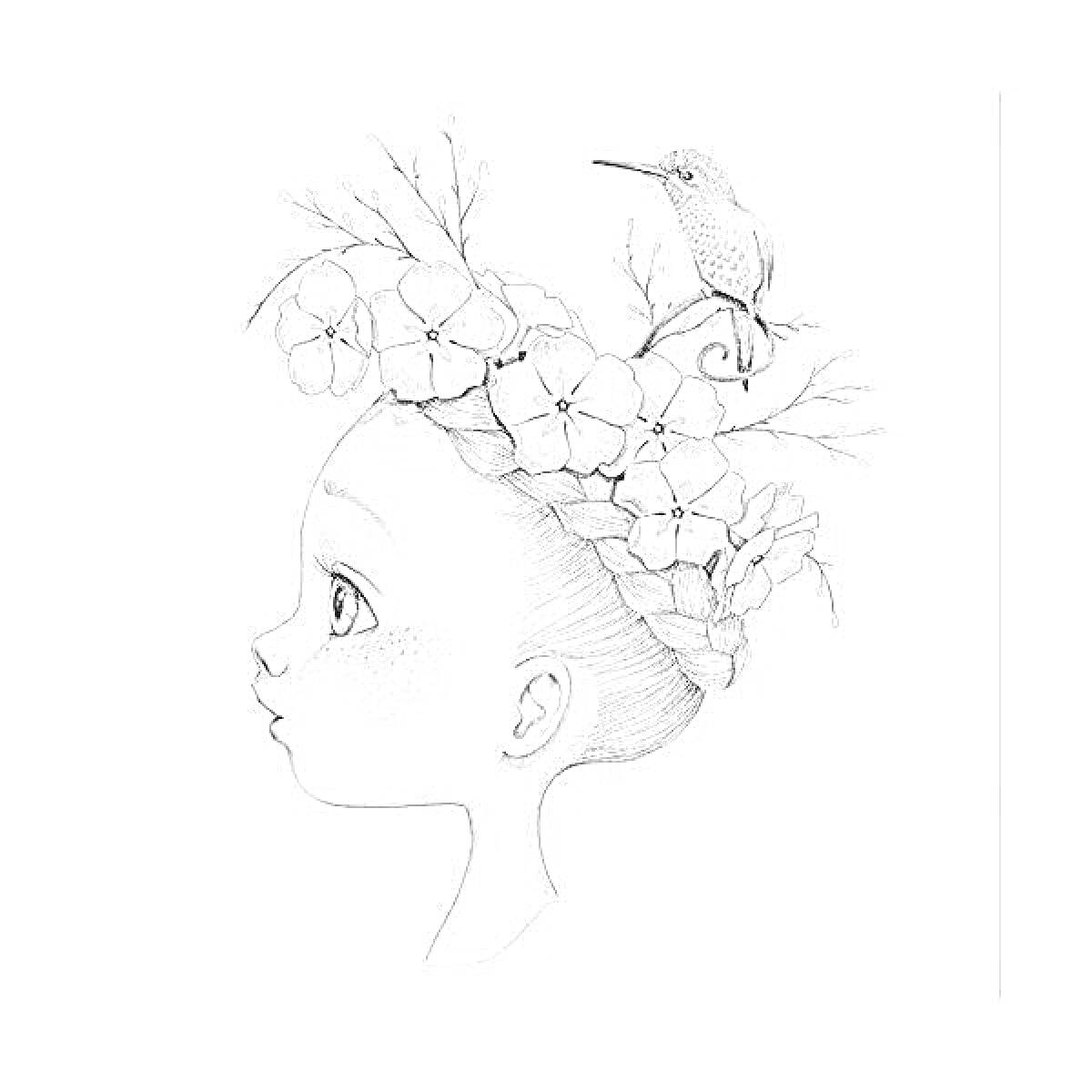 На раскраске изображено: Девочка, Профиль, Венок из цветов, Колибри, Акварель