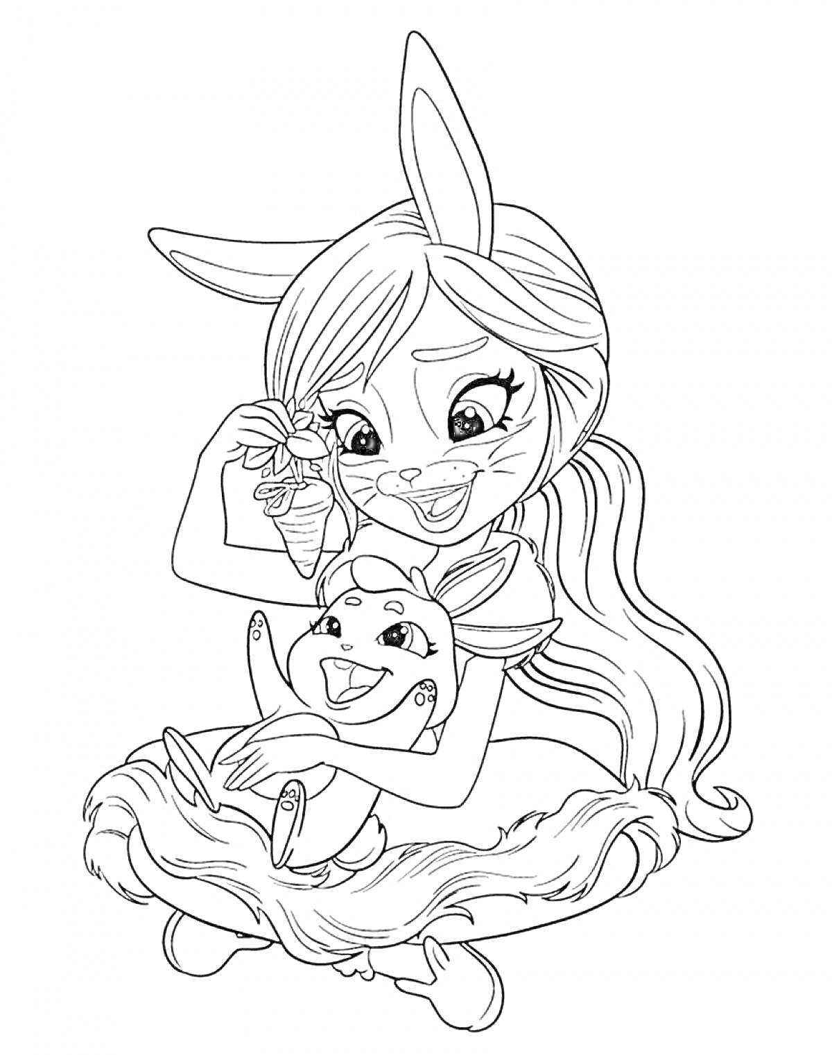 Раскраска Девочка-энчантимал с ушами кролика кормит кролика морковкой, сидя на пушистой подушке