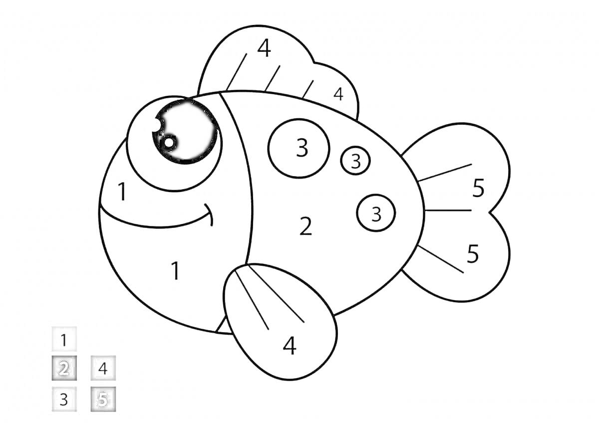 На раскраске изображено: Рыба, Ребенок, Цифры, Творчество, Задания для детей, Обучение