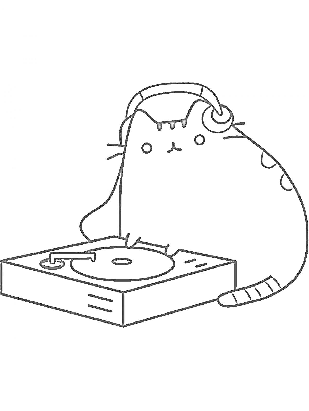 Раскраска Пушин в наушниках у DJ-пульта с виниловой пластинкой