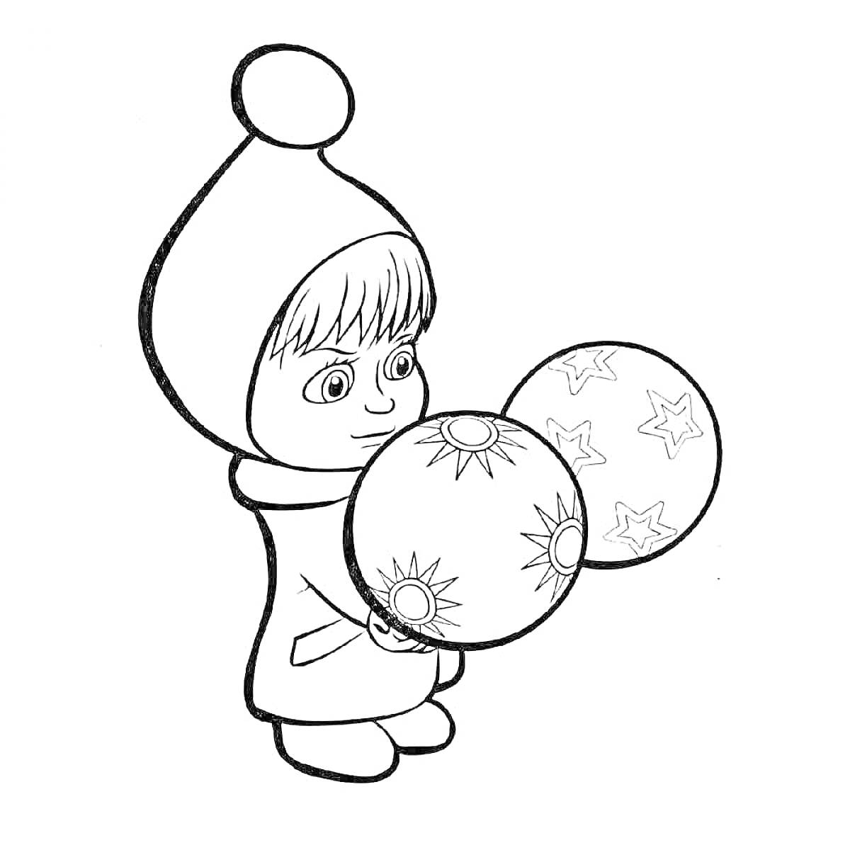 Раскраска Девочка в шапке с двумя шарами (солнышко и звёзды) в руках