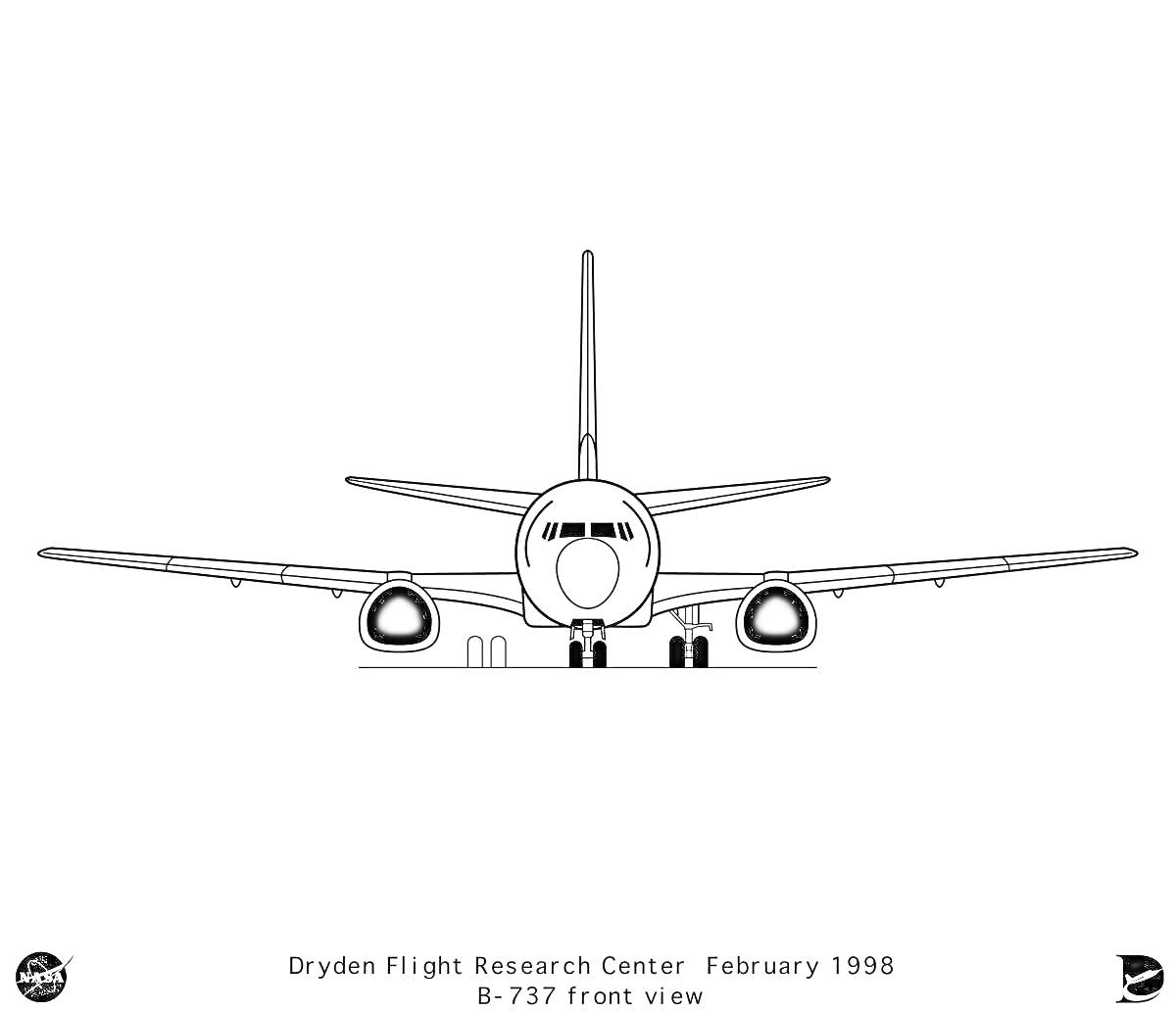 Раскраска Боинг 737, вид спереди, Dryden Flight Research Center, февраль 1998 года