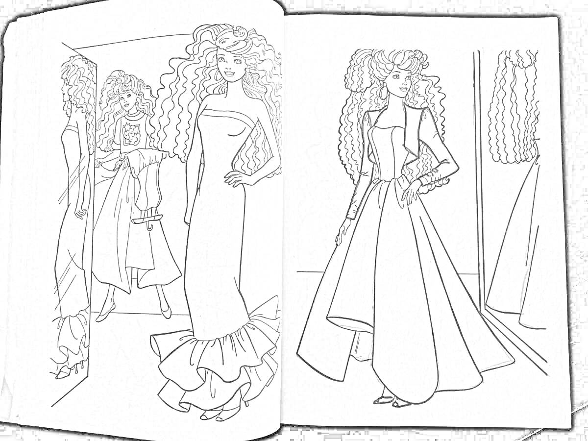 Раскраска Девушки в вечерних платьях перед зеркалом
