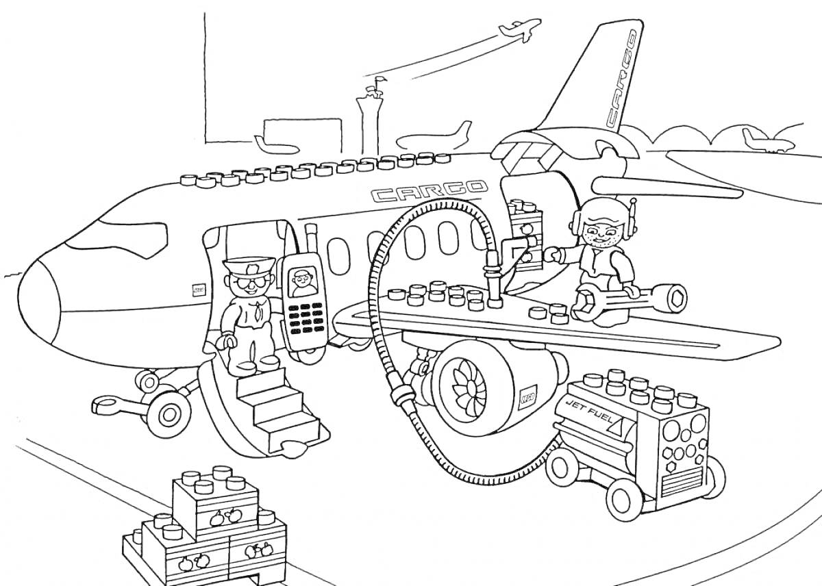 Раскраска Полицейский лего-самолет на заправке, с полицейским и механиком, двумя грузовыми ящиками и взлетающим самолетом на заднем плане.