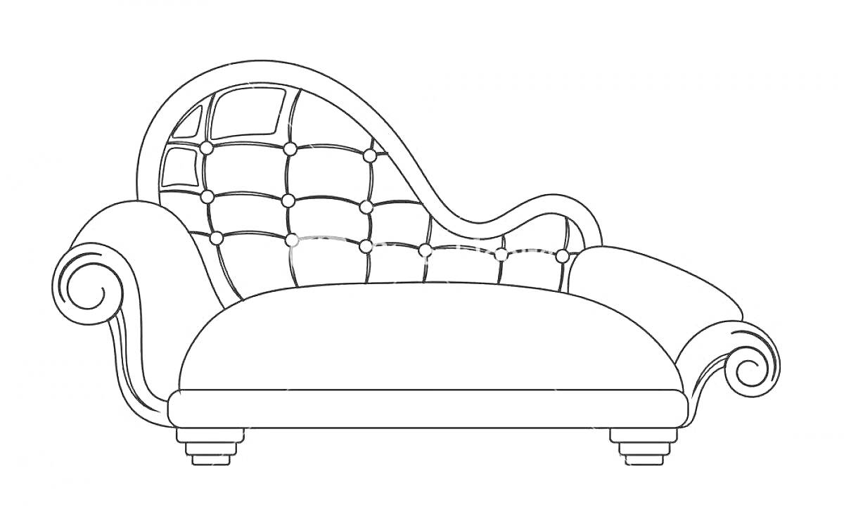 Раскраска Ракурсный дизайнерский диван с пуговицами на спинке, подлокотниками и ножками