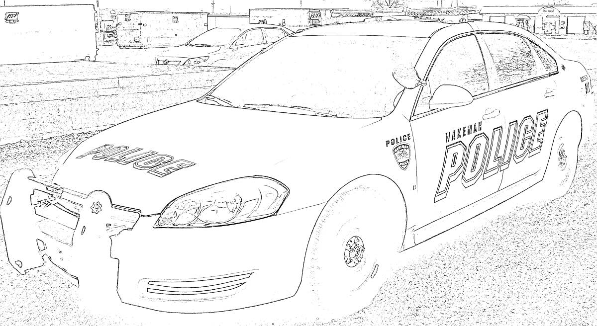 На раскраске изображено: Полицейская машина, Полиция, Надпись, Транспорт, Служебная машина, Патруль, Закон, Безопасность