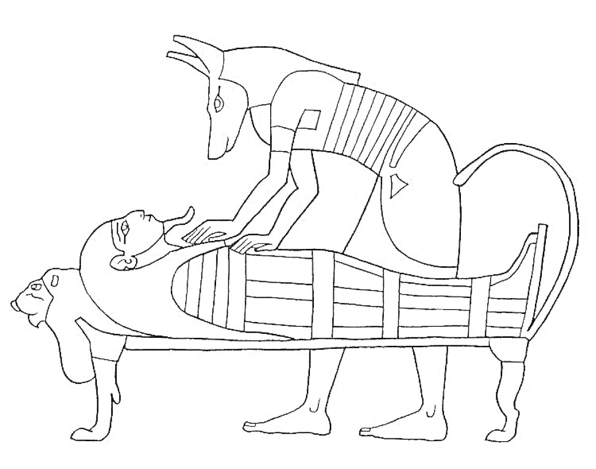На раскраске изображено: Анубис, Мумия, Древний Египет, Лев, Египетская мифология