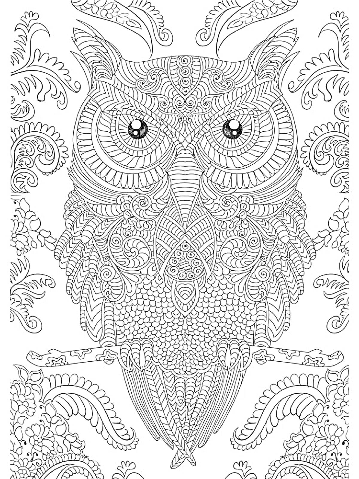 На раскраске изображено: Антистресс, Узоры, Сова, Цветы, Расслабление, Арт-терапия, Медитация