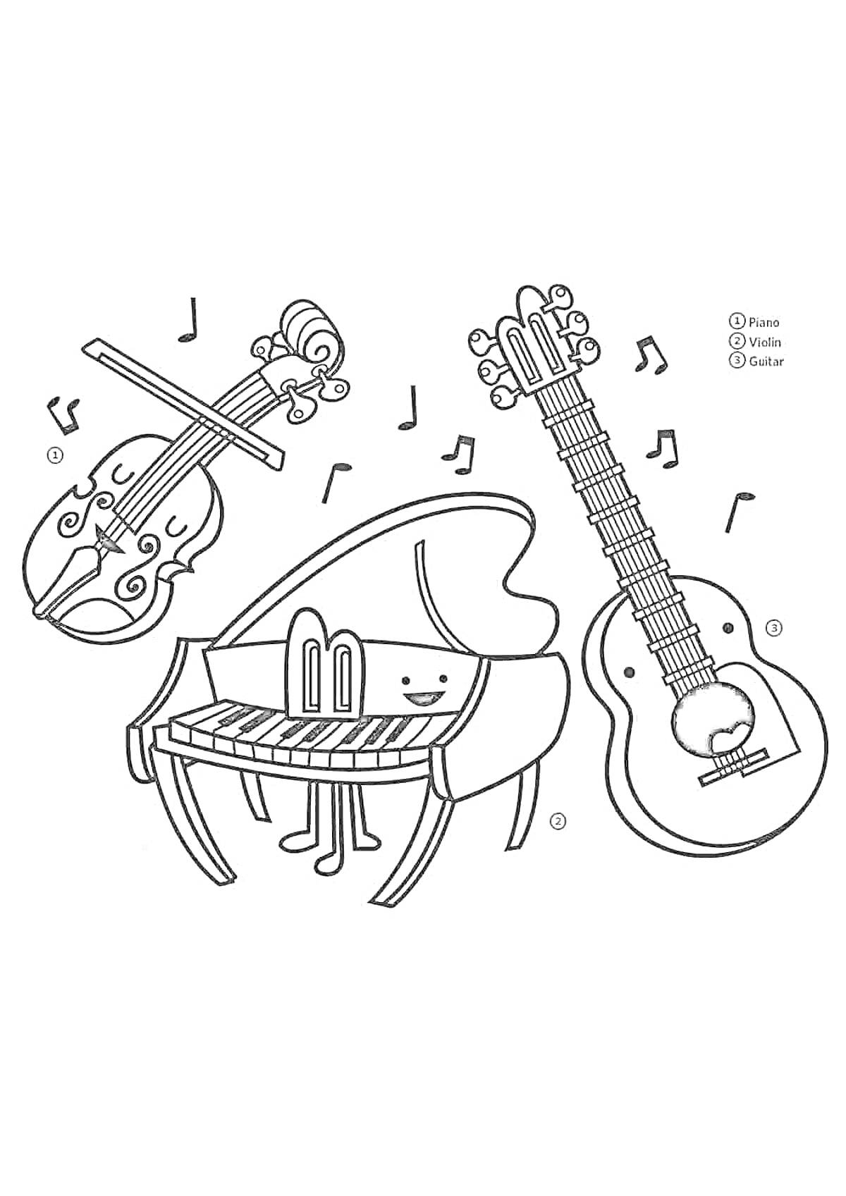 На раскраске изображено: Рояль, Скрипка, Гитара, Музыкальные инструменты, Ноты, Музыка, Музыкальные ноты