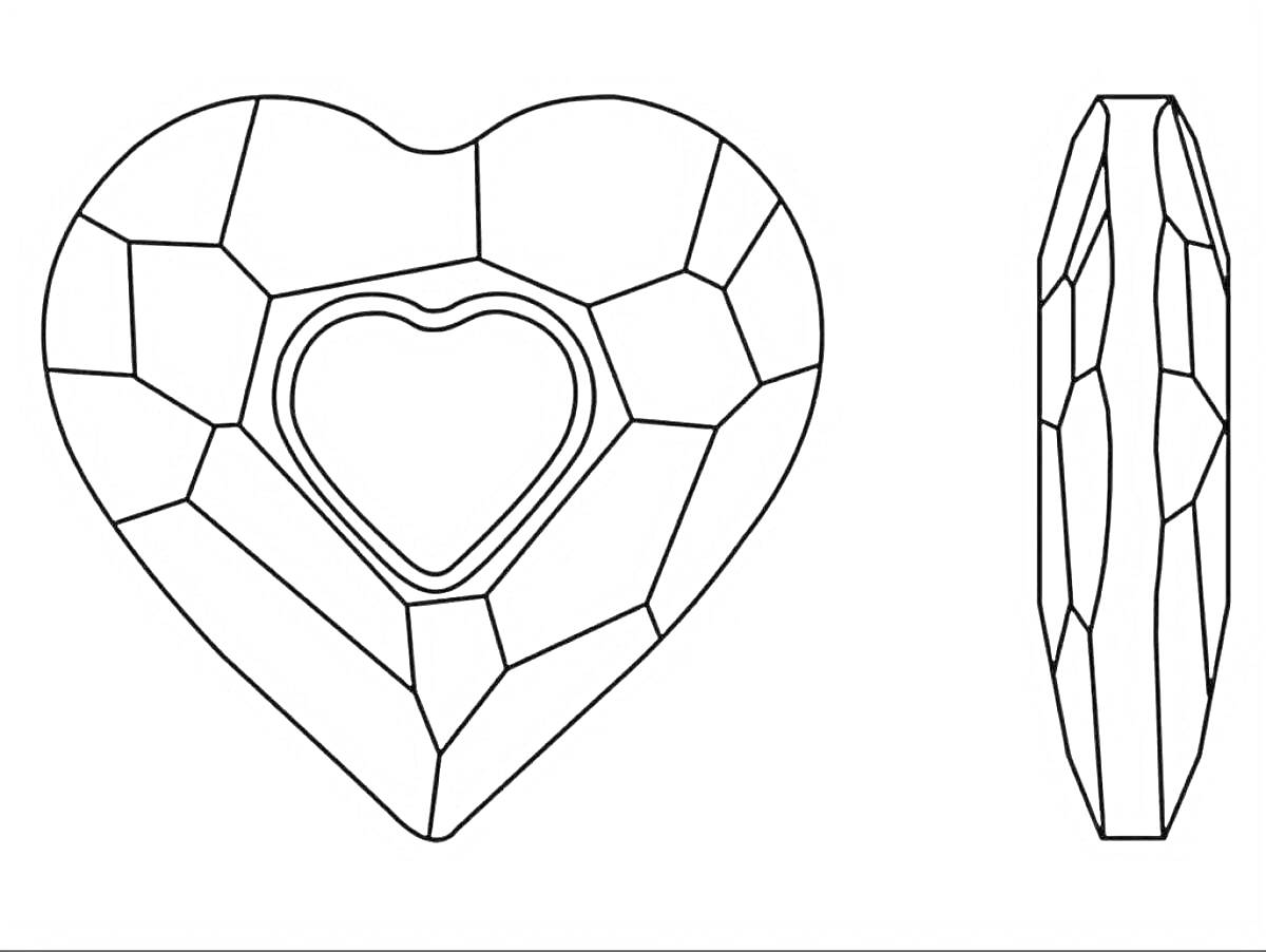 Кристалл в форме сердца с огранкой и сердцевидным центром, вид спереди и сбоку