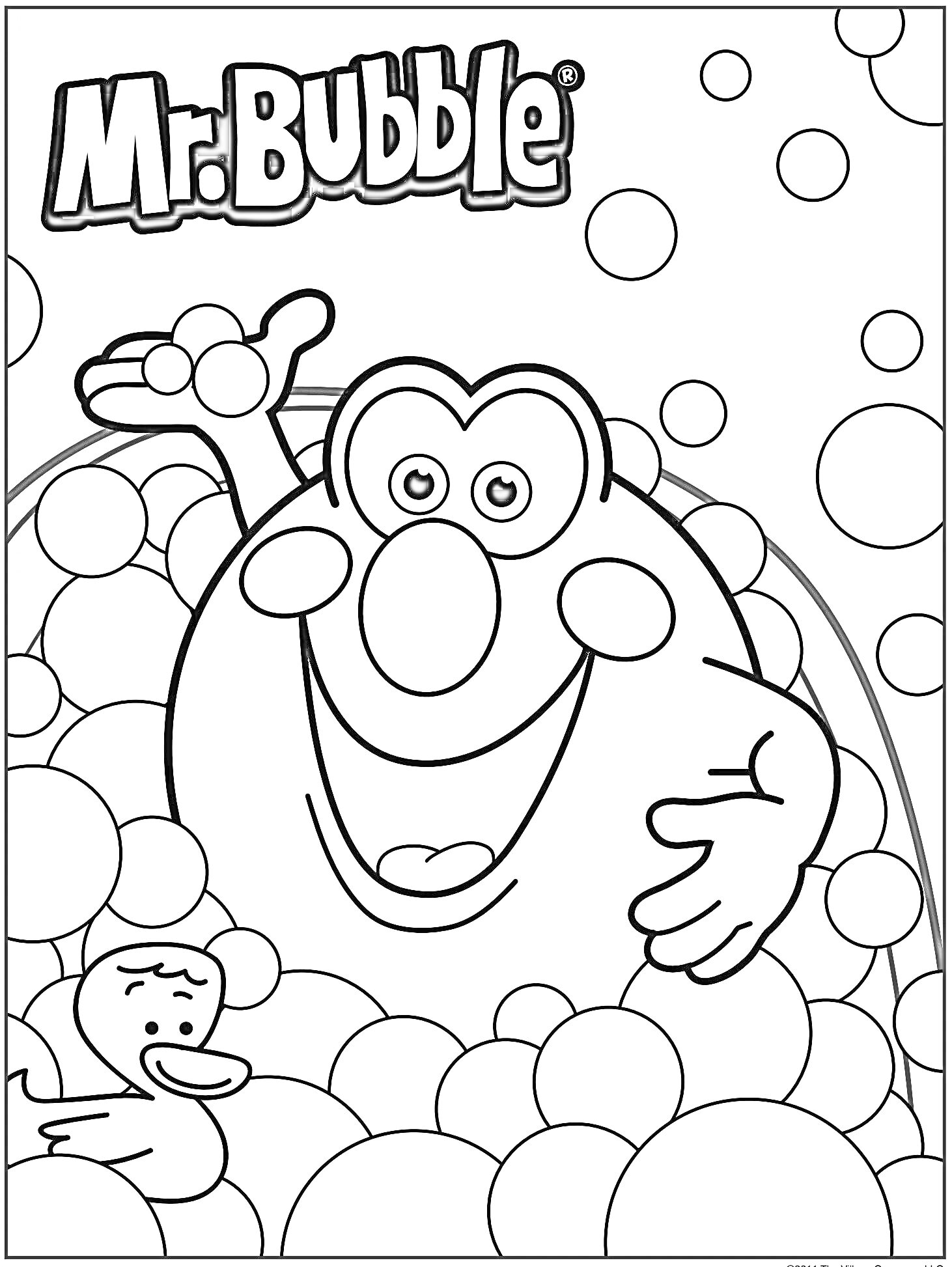 Раскраска Mr. Bubble среди пузырей с уточкой и пузырями на заднем фоне