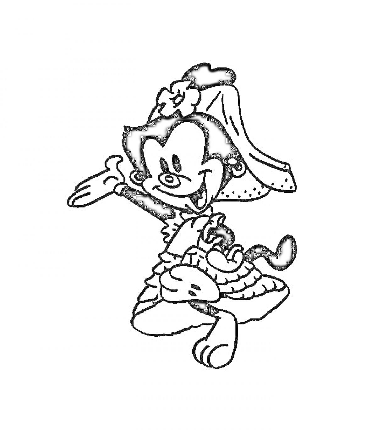 Раскраска Танцующий мультипликационный персонаж в юбке и с бантом на голове