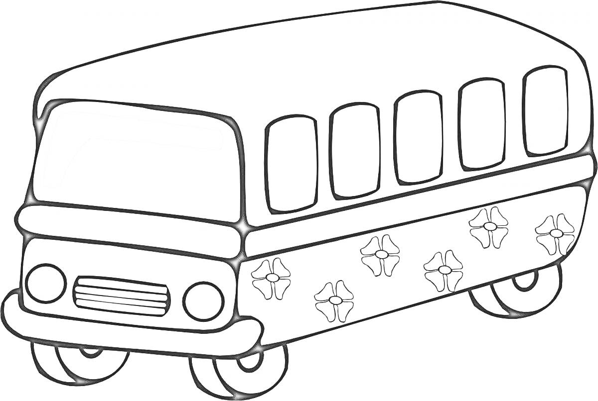 На раскраске изображено: Автобус, Транспорт, Цветы, Колеса, Окна, Для детей, 4-5 лет